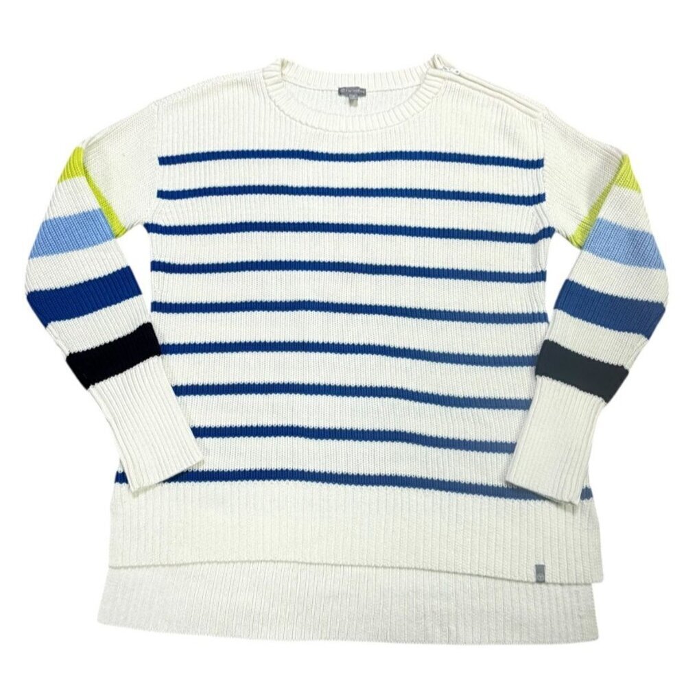 T by Talbots Multi Stripe Crewneck High-Low Sweater Ivory Blue Medium - Picture 8 of 11